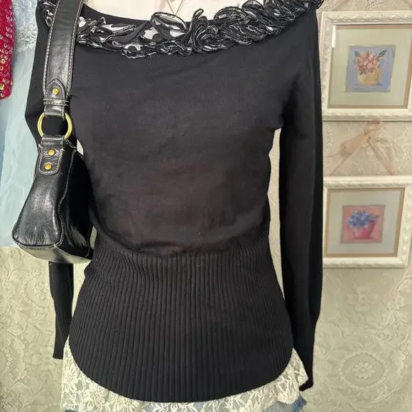 vintage black polka dot‎ grunge off the shoulder top - Picture 2 of 7